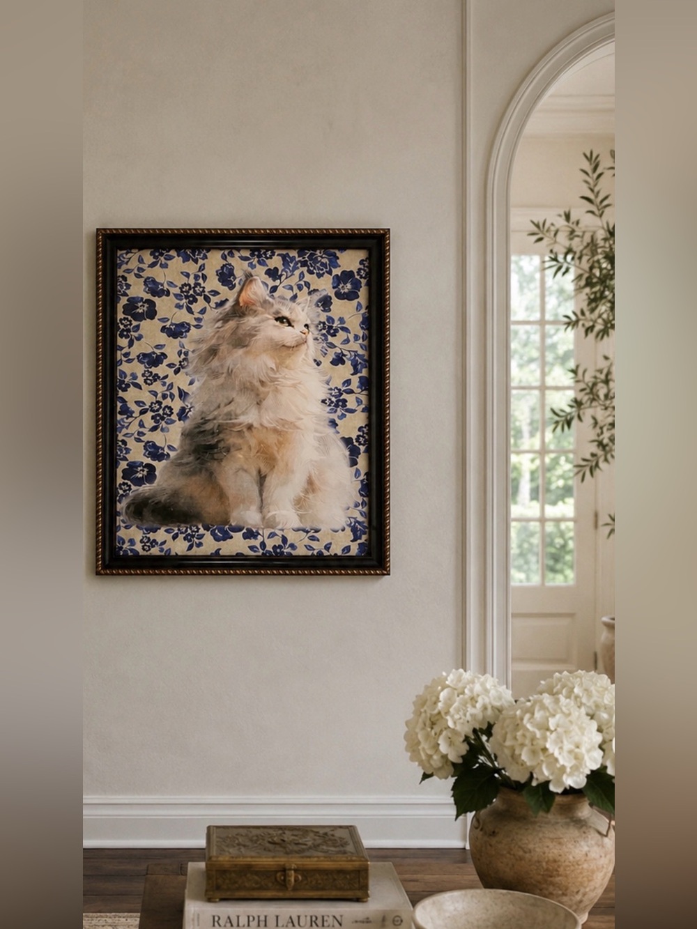 18wx22L” White cat/ Angora/ Persian Cat wall art blue floral gold/black frame